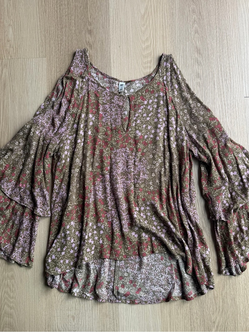 bp Boho Floral Bell-Sleeve Tunic in Olive, Pink and Red